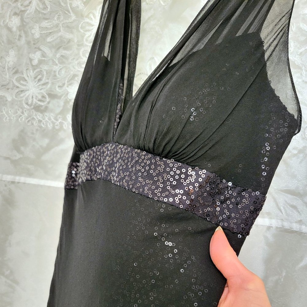 Black Sequin Evening Gown, Silk Chiffon Overlay, Aidan Mattox, 4